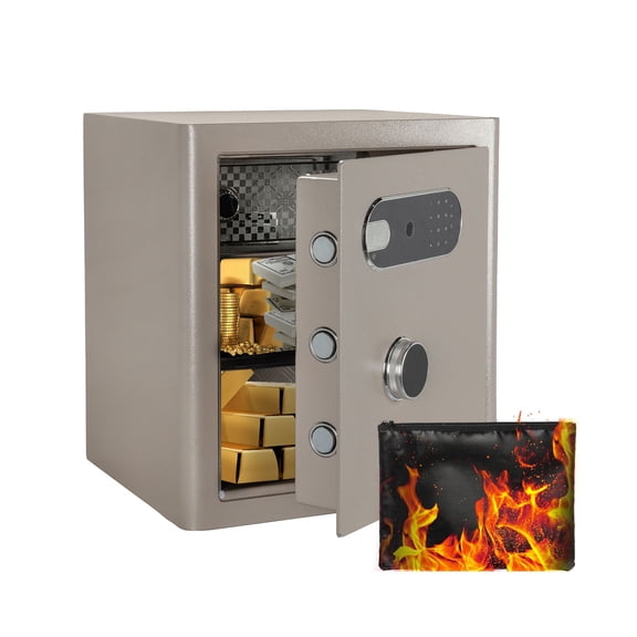 2.0 cu.ft Vintage Retro Home Safe with Wheels, Large Digital Fingerprint Safe Box with Key, Removable Shelf, Fireproof & Waterproof Bag, Bedroom Home Security Safe with Decor Style