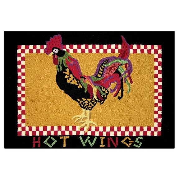 2' x 3' Rooster "HOT WINGS" Wool Hooked Area Rug for Kitchen or Entryway