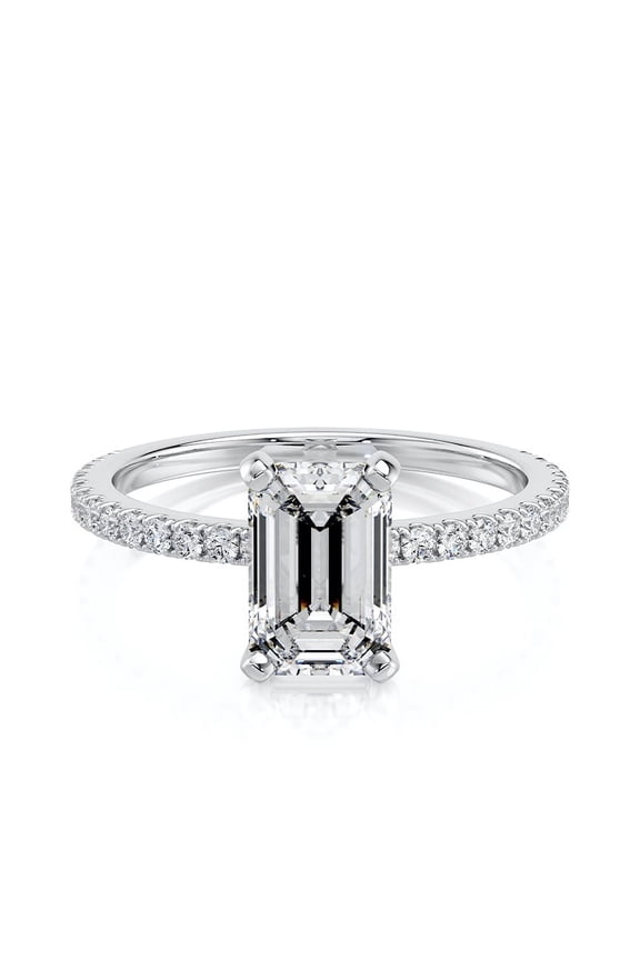 2.00 CT Emerald Cut Moissanite Classic Pavé Engagement Ring White Gold Plated for Women