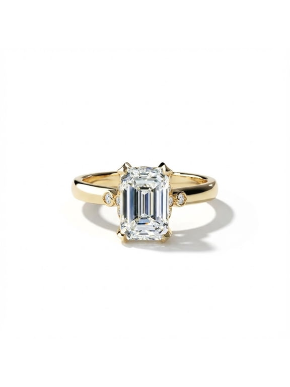 2.00 CT Emerald Cut Moissanite Engagement Ring 14k Yellow Gold Plated Classic Solitaire Promise Ring with Accent Stones for Women