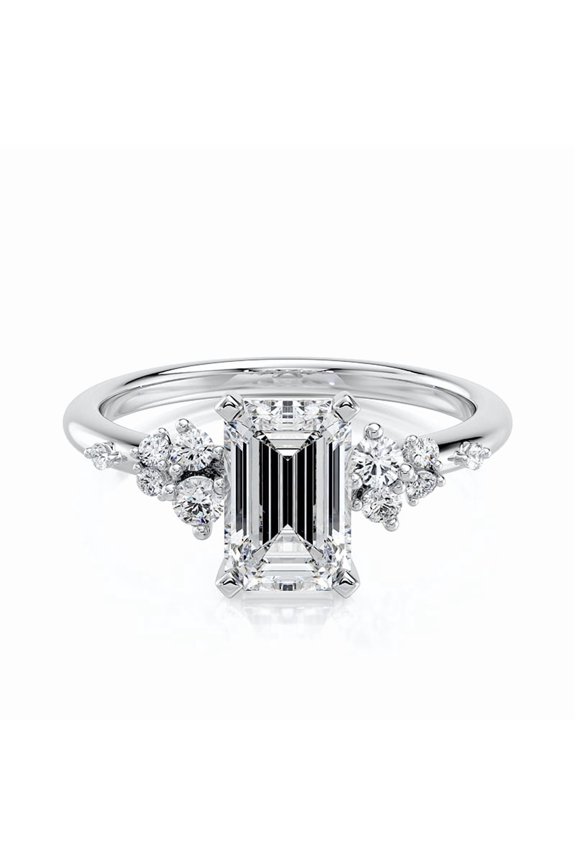 2.00 CT Emerald Cut Moissanite Engagement Ring with Cluster Side Accents White Gold Plated for Women