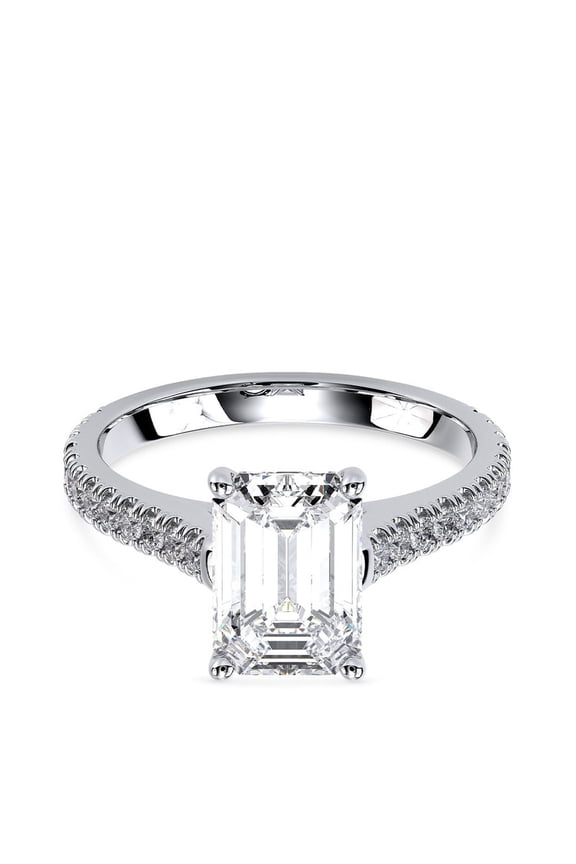 2.00 CT Emerald Cut Moissanite Pavé Band Solitaire Engagement Ring White Gold Plated for Women