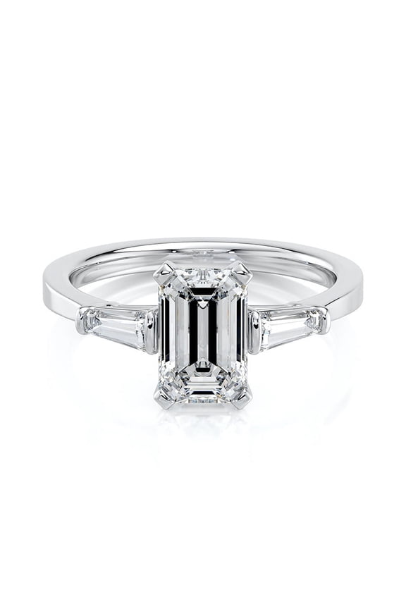 2.00 CT Emerald Cut Moissanite Tapered Side Stone Engagement Ring White Gold Plated for Women