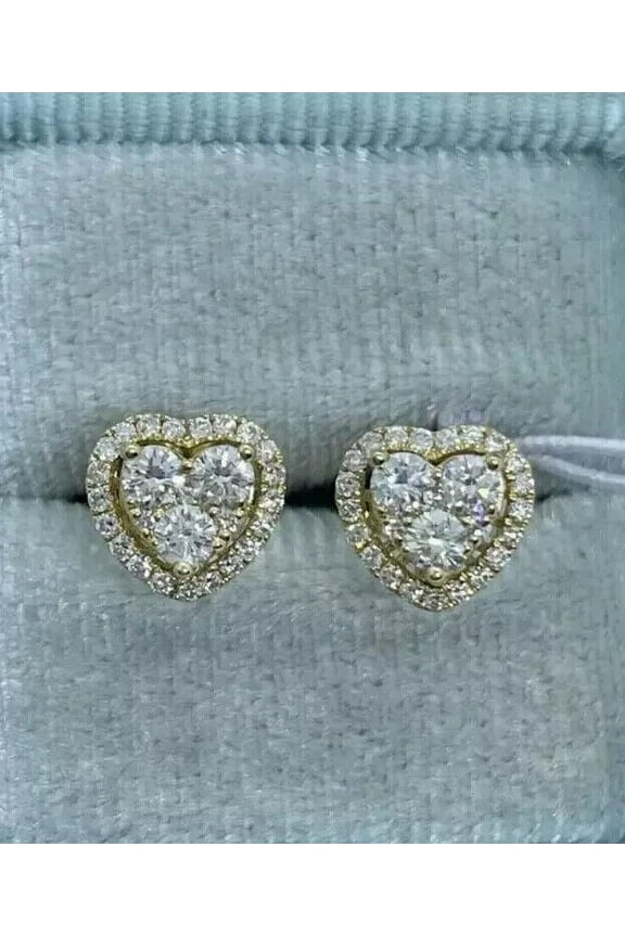 2.00 CT Round Cut Lab Created Diamond Heart Shape Stud Earrings 14K Yellow Gold Plated Sterling Silver