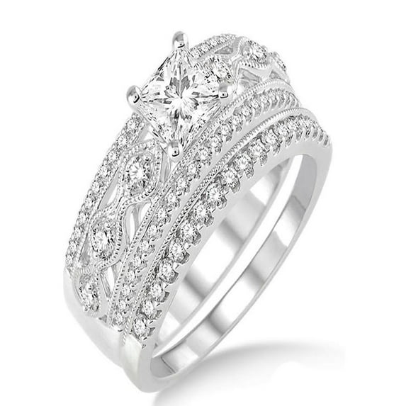 2.00 Carat Antique Bridal Set Engagement Ring With Round Cut Moissanite Diamond In 10K White Gold, Gift For Her, Promise Ring, Anniversary Ring