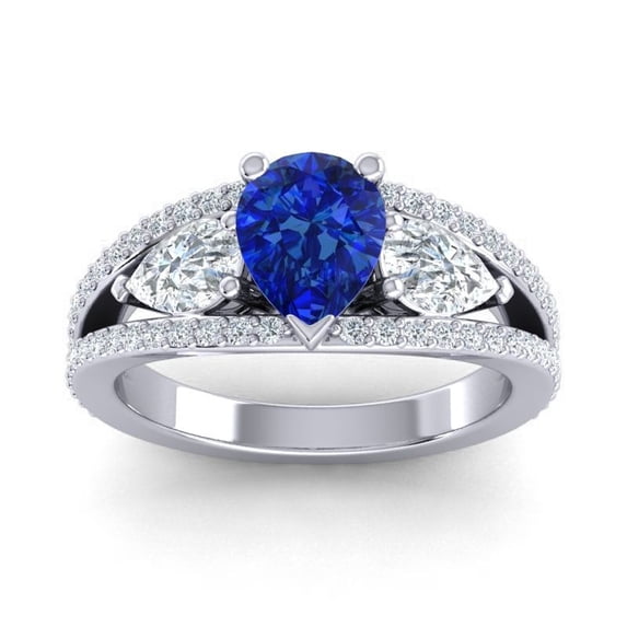 2.00 Carat Beautiful Pear Cut Blue Sapphire Gemstone & Natural Diamond Anniversary Ring for Women Solid 14K White Gold Size 4.5 by Diamond-Capitals