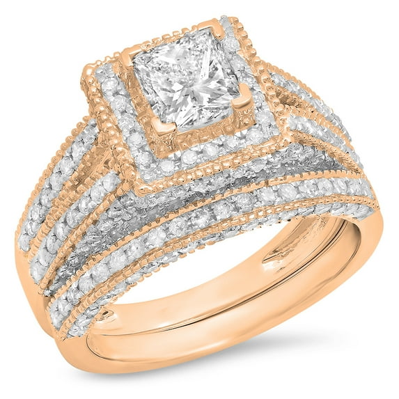 2.00 Carat (Ctw) 10K Rose Gold Princess & Round Cut White Diamond Ladies Split Shank Vintage Style Bridal Engagement Rin