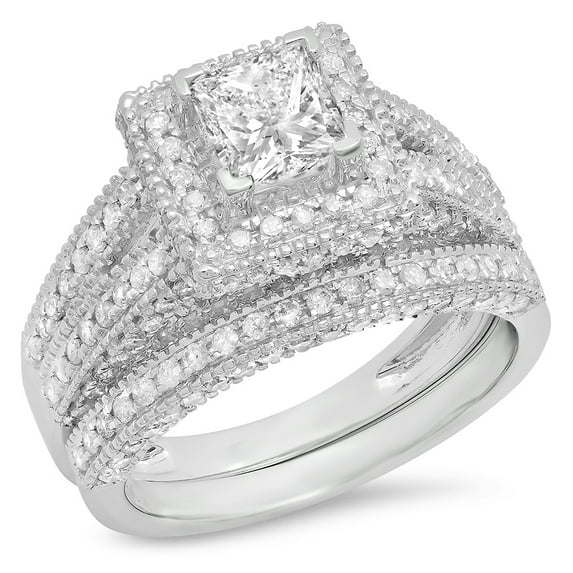 2.00 Carat (Ctw) 18K White Gold Princess & Round Cut White Diamond Ladies Split Shank Vintage Style Bridal Engagement Ri