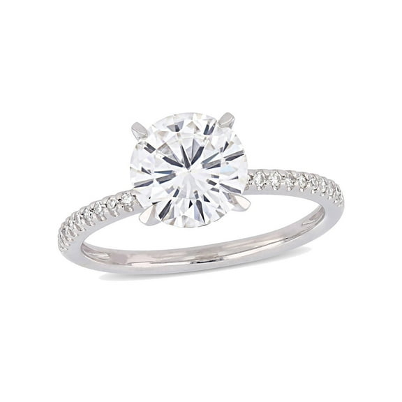2.00 Carat (Ctw) Synthetic Moissanite Solitaire Engagement Ring 14k White Gold with Diamonds 1/10 Carat (Ctw)