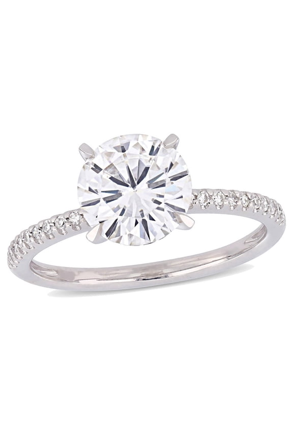 2.00 Carat (Ctw) Synthetic Moissanite Solitaire Engagement Ring 14k White Gold with Diamonds 1/10 Carat (Ctw)