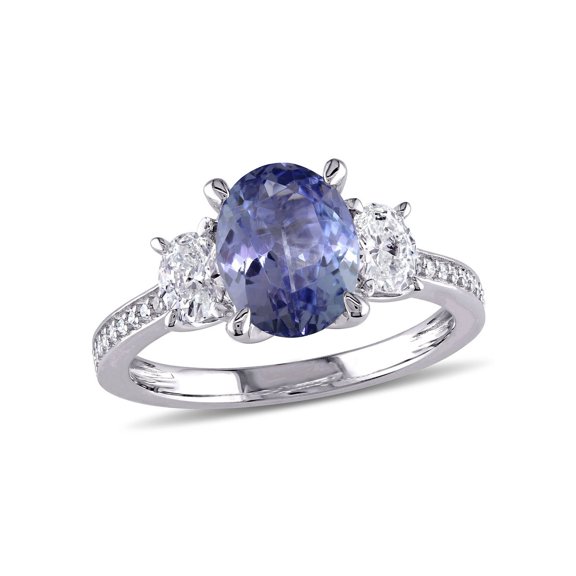 2.00 Carat (Ctw) Three-Stone Tanzanite and Diamond Ring in 14K White Gold for Women
