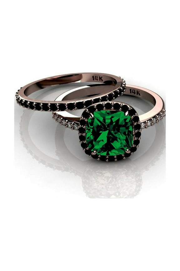 2.00 Carat Cushion Cut Green Emerald And Black Diamond Moissanite Halo Bridal Set In 10K Rose Gold, Promise Ring, Anniversary Ring