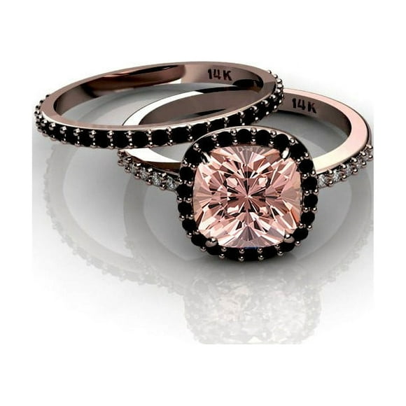 2.00 Carat Cushion Cut Morganite And Black Diamond Moissanite Halo Bridal Set In 10K Rose Gold, Promise Ring, Anniversary Gift