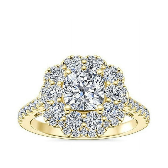 2.00 Carat Excellent Cushion Cut Real Diamond Latest Design Halo Engagement Ring for Ladies Solid 14K Yellow Gold Size 7.5