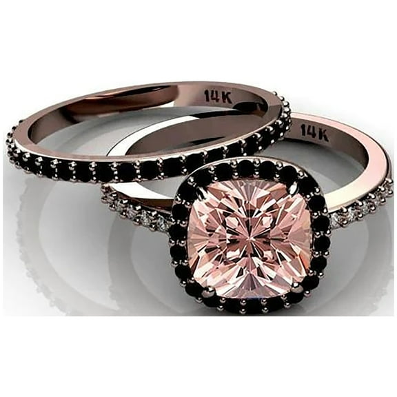 2.00 Carat Morganite And Black Diamond Moissanite Halo Bridal Ring Set 925 Sterling Silver With 18k Rose Gold Plating