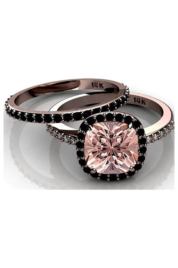 2.00 Carat Morganite And Black Diamond Moissanite Halo Bridal Ring Set 925 Sterling Silver With 18k Rose Gold Plating