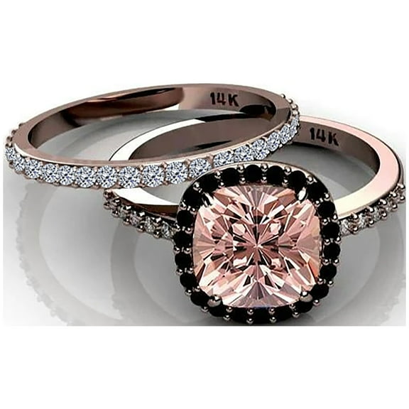 2.00 Carat Morganite And Black Diamond Moissanite Halo Bridal Ring Set 925 Sterling Silver With 18k Rose Gold Plating