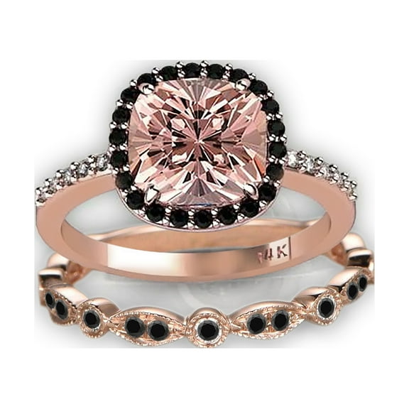 2.00 Carat Morganite And Black Diamond Moissanite Halo Bridal Ring Set 925 Sterling Silver With 18k Rose Gold Plating