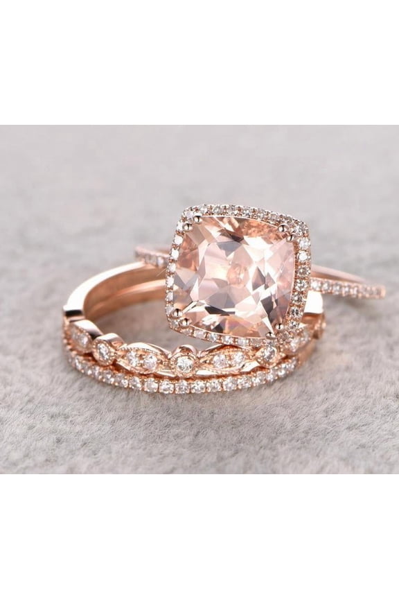 2.00 Carat Morganite Trio Wedding Bridal Ring Set With Moissanite Diamonds One Engagement Ring & 2 Wedding Bands With 18K Rose Gold Plating