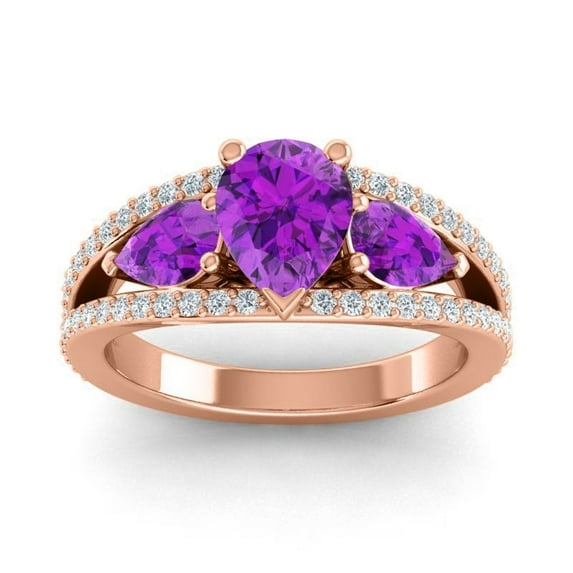 2.00 Carat Pear Cut Amethyst Gemstone & Natural Diamond Latest Three Stone Engagement Ring for Ladies Solid 18K Rose Gold Size 7 by Diamond Capitals