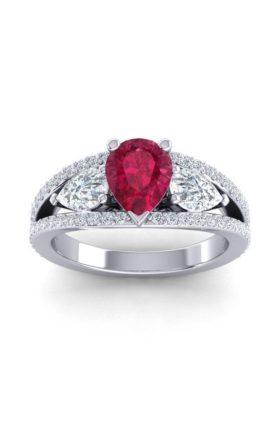 2.00 Carat Pear Cut Red Ruby Gemstone & Natural Diamond Unique Three Stone Wedding Ring for her Solid 14K White Gold Size 4 by Diamond-Capitals