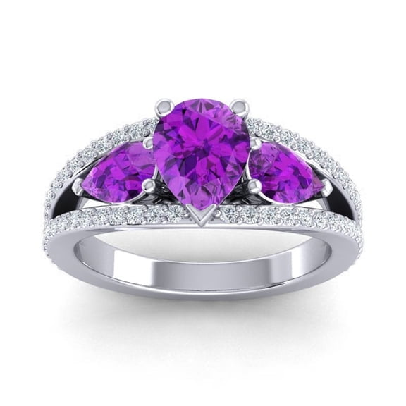 2.00 Carat Pear Shape Amethyst Gemstone & Natural Diamond Three Stone Sparkle Bridal Ring for Women 18K White Gold Size 6 by Diamond-Capitals