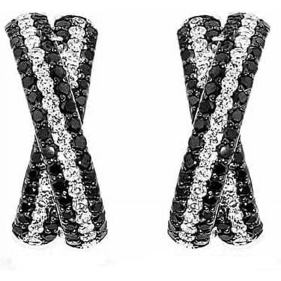 2.00 Carat Round Cut Simulated Black & White Diamond Women's Omega Back Hoop Earrings In 14k White Gold Plated 925 Silver.