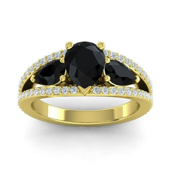2.00 Carat Sparkle Pear Cut Black Onyx Gemstone & Natural Diamond Three Stone Anniversary Ring for her Solid 14K Yellow Gold Size 4 by Diamond-Capitals