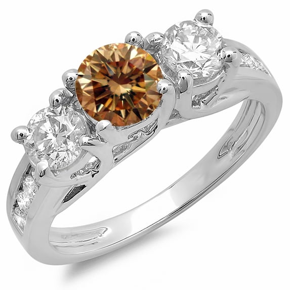 2.00 Carat (ctw) 10K White Gold Round Cut Champagne & White Diamond Ladies Bridal 3 Stone Engagement Ring 2 CT