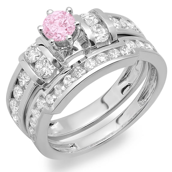 2.00 Carat (ctw) 10K White Gold Round Pink Sapphire & White Diamond Ladies Bridal Engagement Ring Matching Wedding Band