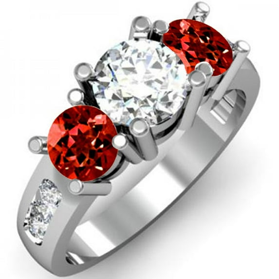 2.00 Carat (ctw) 10K White Gold Round Red Garnet & White Diamond Ladies 3 Stone Engagement Bridal Ring 2 CT
