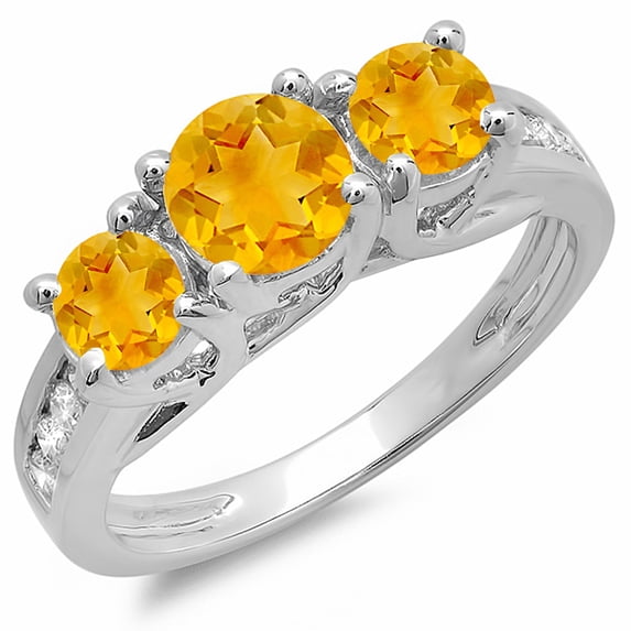 2.00 Carat (ctw) 10K White Gold Round Yellow Citrine & White Diamond Ladies 3 Stone Engagement Bridal Ring 2 CT