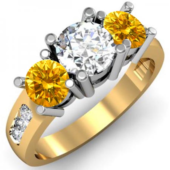 2.00 Carat (ctw) 10K Yellow Gold Round Yellow & White Diamond Ladies 3 Stone Engagement Bridal Ring 2 CT