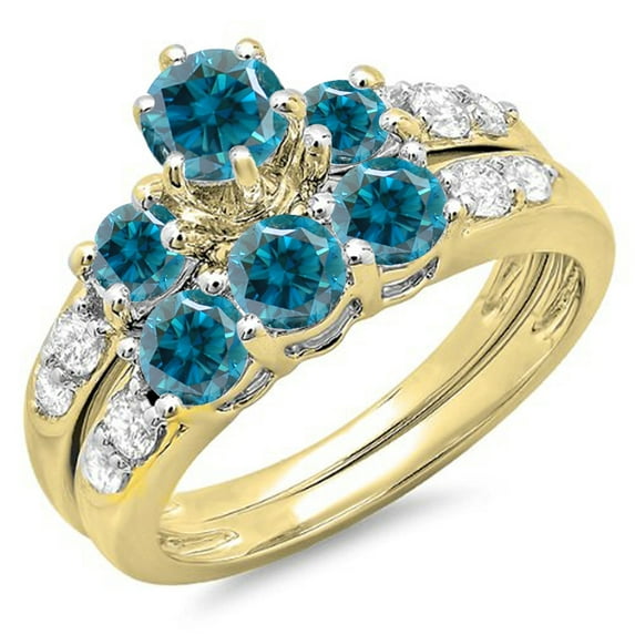 2.00 Carat (ctw) 10k Yellow Gold Round Blue & White Diamond Ladies 3 Stone Bridal Engagement Ring Matching Band Set 2 CT