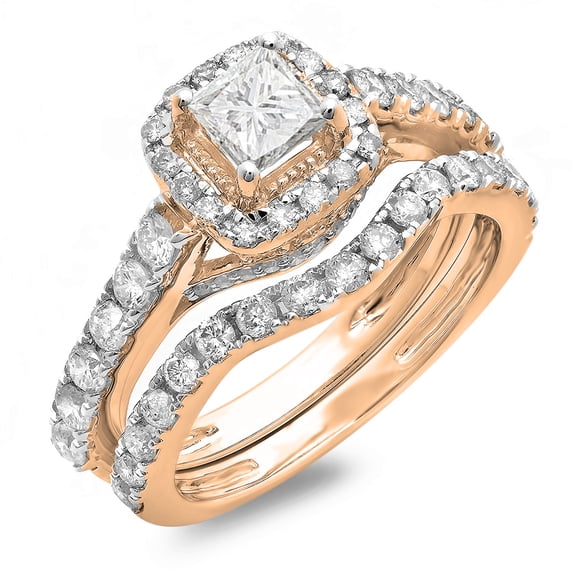 2.00 Carat (ctw) 14K Rose Gold Princess & Round Diamond Ladies Halo Style Bridal Engagement Ring Matching Band Set 2 CT