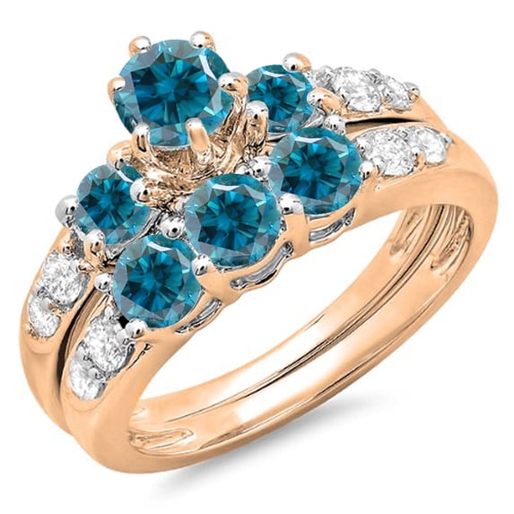2.00 Carat (ctw) 14k Rose Gold Round Blue & White Diamond Ladies 3 Stone Bridal Engagement Ring Matching Band Set 2 CT
