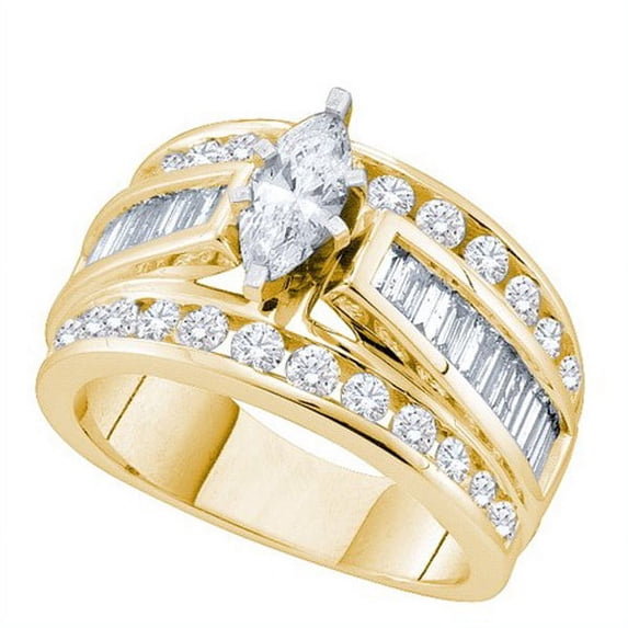 2.00 Carat (ctw) 14k Yellow Gold Round Baguette & Marquise Cut White Diamond Ladies Bridal Engagement Ring 2 CT