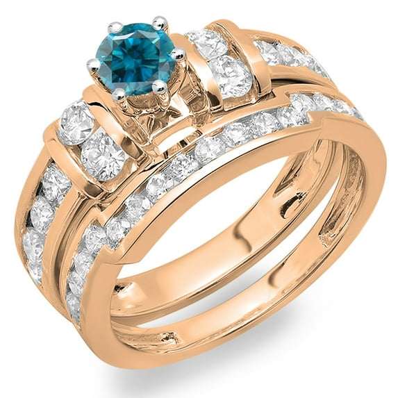 2.00 Carat (ctw) 18K Rose Gold Round Blue & White Diamond Ladies Bridal Engagement Ring Matching Wedding Band Set 2 CT