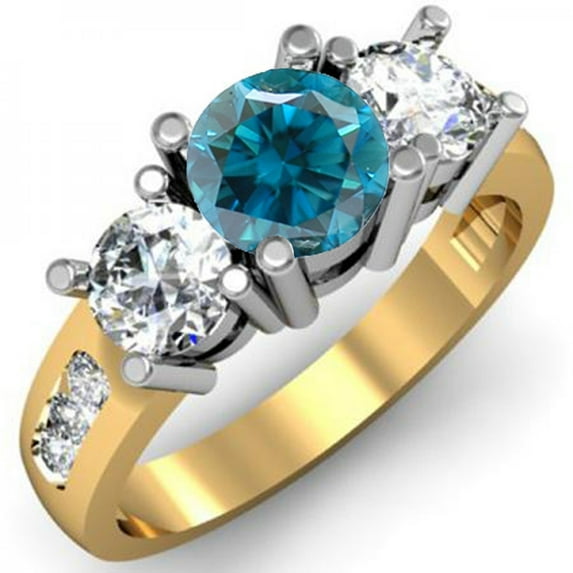2.00 Carat (ctw) 18K Yellow Gold Round Blue & White Diamond Ladies 3 Stone Engagement Bridal Ring 2 CT
