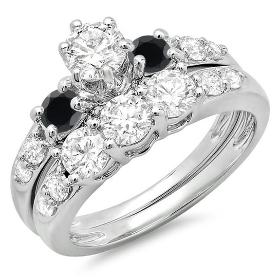 2.00 Carat (ctw) 18k White Gold Round Black & White Diamond Ladies 3 Stone Bridal Engagement Ring Matching Band Set 2 CT