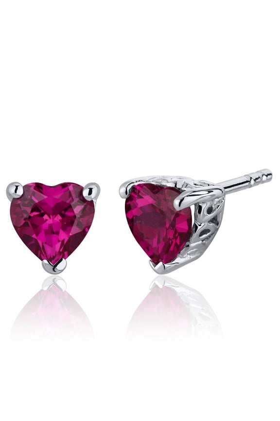 2.00 Carats Created Ruby Heart Shape Stud Earrings in Sterling Silver