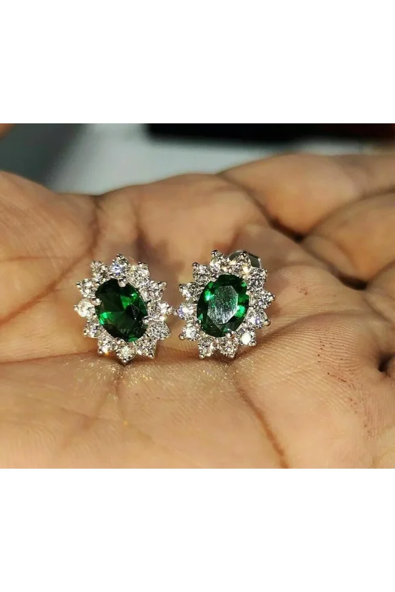 2.00 Ct Oval Cut Lab-Created Green Emerald & Diamond Halo Stud Earrings Silver