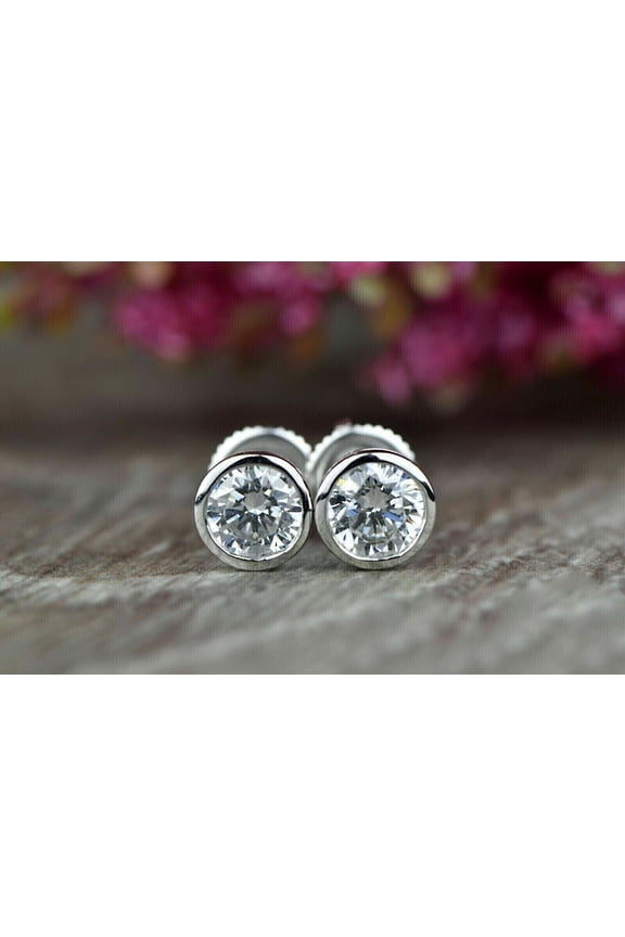 2.00 Ct Round Cut CZ Diamond Bezel Set Stud Earrings 14k White Gold Plated