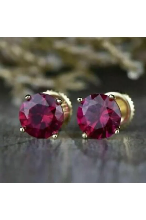 2.00 Ct Round Cut Lab-Created Red Ruby Solitaire Stud Earrings 14k Yellow Gold Plated