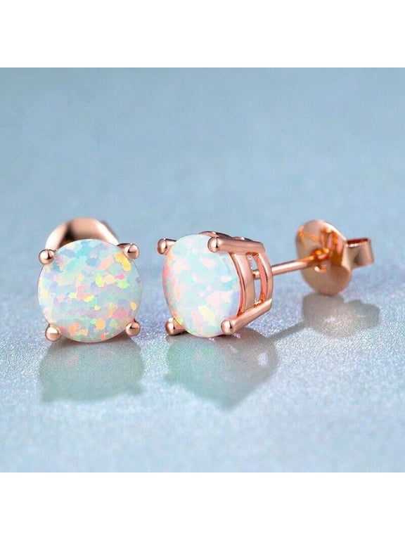 2.00 Ct Round Cut Natural Opal Solitaire Stud Earrings 14K Rose Gold Finish