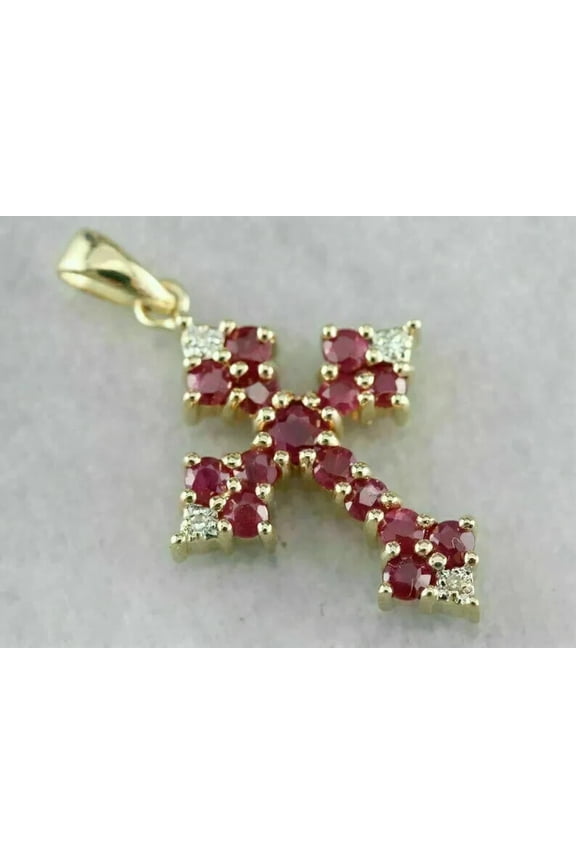 2.00 Ct Round Cut Red Ruby & Diamond Cross Pendant 14k Yellow Gold Plated