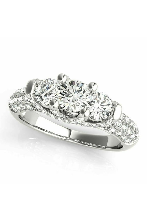 2.00 Cts Certified D Colorless Moissanite, 3 Stones Top Class Ring in 18K White Gold Plated Solitaire Engagement Ring, Wedding Ring for Her
