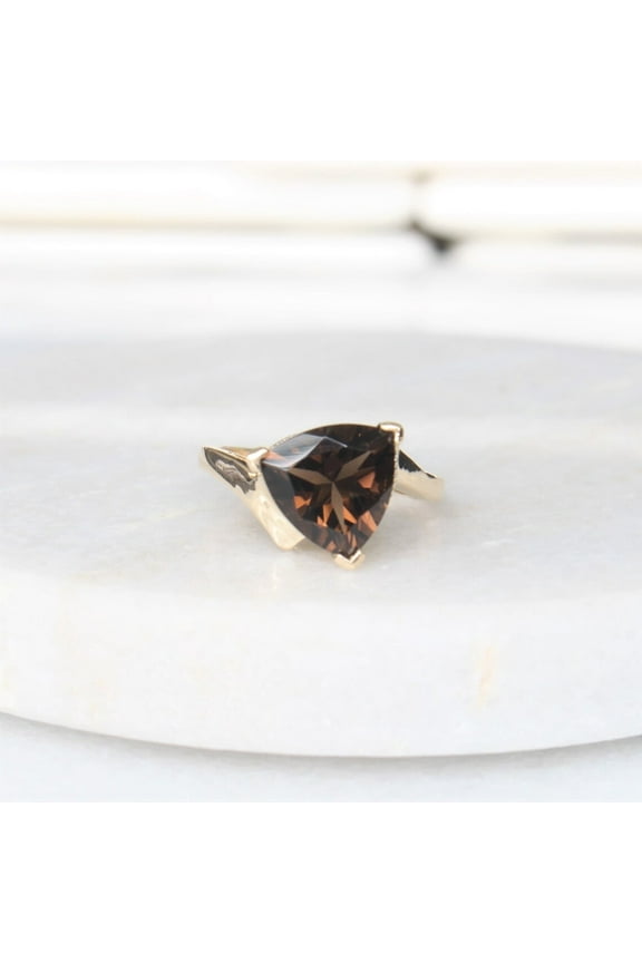 2.00 Carat Trillion Cut Smoky Quartz Engagement Statement Ring 14 k Yellow Gold