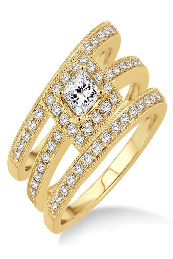 2.00 carat Antique Trio set Halo Ring with Princes Cut diamond in 10k Yellow Gold