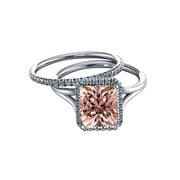 JEENJEWELS 2.00 carat Emerald Cut Real Morganite Bridal Set with Man made diamond moissanite with 18k Gold Plating